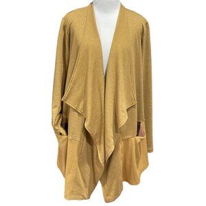 LOGO Lounge Open Front Cardigan Mustard Yellow Kimono Faux Suede Trim Pockets M